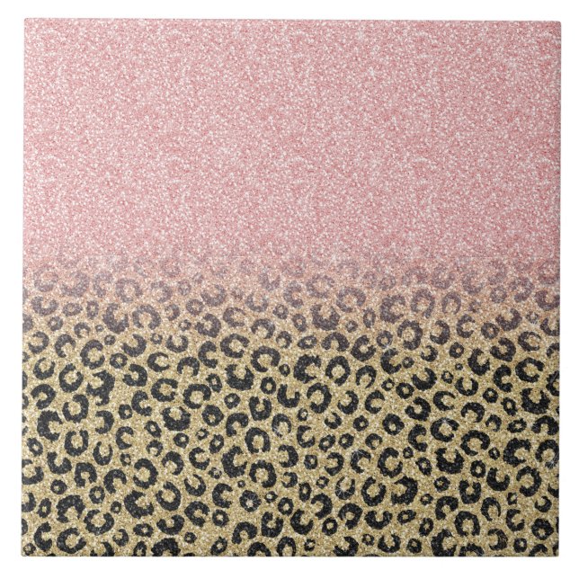 Elegant Rose Gold Glitter Black Leopard Print Tile (Front)