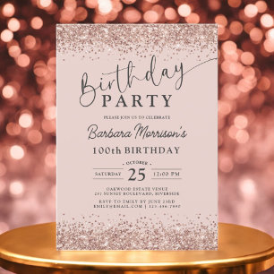 Elegant Rose Gold Glitter Blush 100th Birthday Invitation