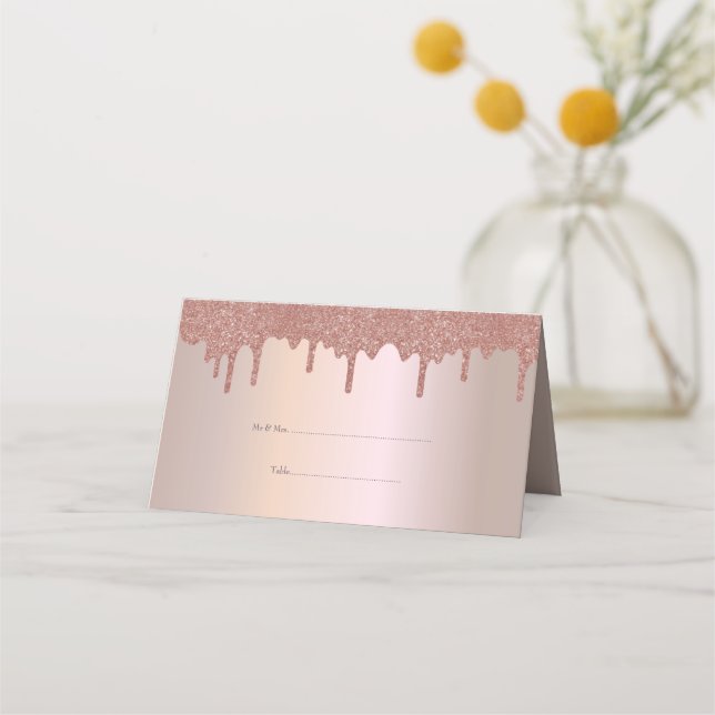 Elegant Rose Gold Glitter, Blush and Black Text Place Card (Front)