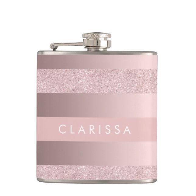 Elegant rose gold glitter & blush pink stripe hip flask (Front)