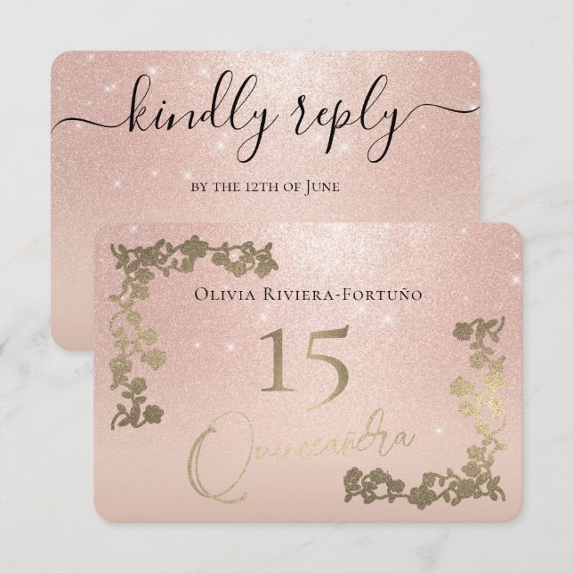 Elegant Rose Gold Glitter Chic Floral Quinceanera  RSVP Card (Front/Back)