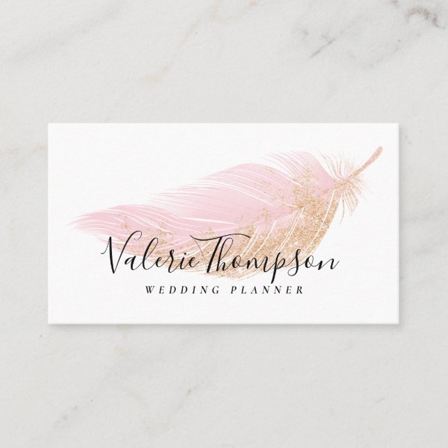 Elegant rose gold glitter chic pink feather modern business card (Front)