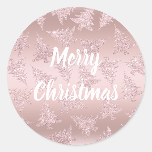 Elegant Rose Gold Glitter Christmas Tree Pattern Classic Round Sticker (Front)