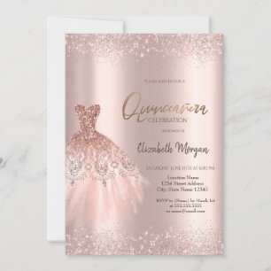 Elegant Rose Gold Glitter Dress Dusty Quinceañera Invitation