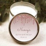 Elegant Rose Gold Glitter Drip 80th Birthday Party Classic Round Sticker<br><div class="desc">These chic,  elegant 80th birthday party stickers feature a sparkly rose gold faux glitter drip border and rose gold ombre background. Personalize them with the guest of honour's name in dark rose handwriting script,  with her birthday and date below in sans serif font.</div>