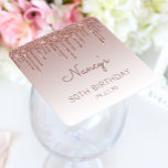 Elegant Rose Gold Glitter Drip 80th Birthday Party Square Paper Coaster<br><div class="desc">These chic,  elegant 80th birthday party paper coasters feature a sparkly rose gold faux glitter drip border and rose gold ombre background. Personalize them with the guest of honour's name in dark rose handwriting script,  with her birthday and date below in sans serif font.</div>