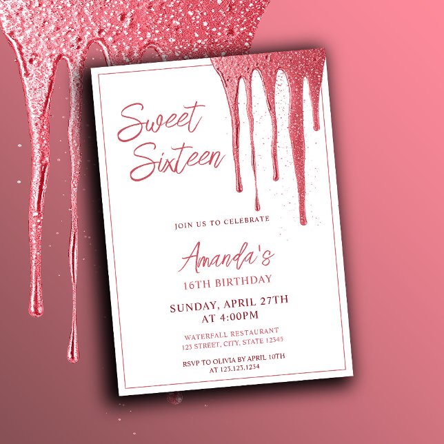 Elegant Rose Gold Glitter Drip Sweet 16 Birthday Invitation (Creator Uploaded)