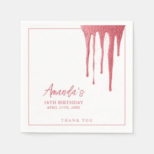 Elegant Rose Gold Glitter Drip Sweet 16 Birthday Napkin