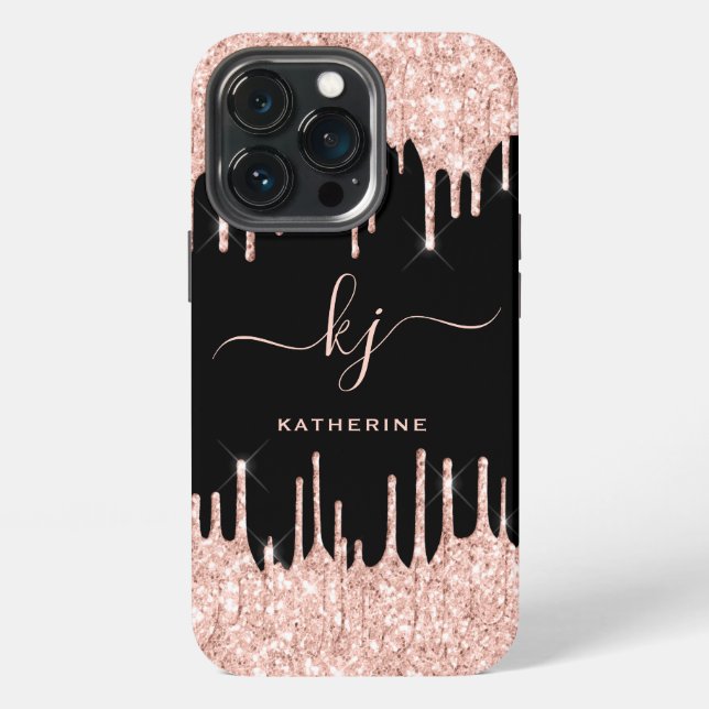 Elegant Rose Gold Glitter Drips 2 Monogram Script iPhone Case (Back)