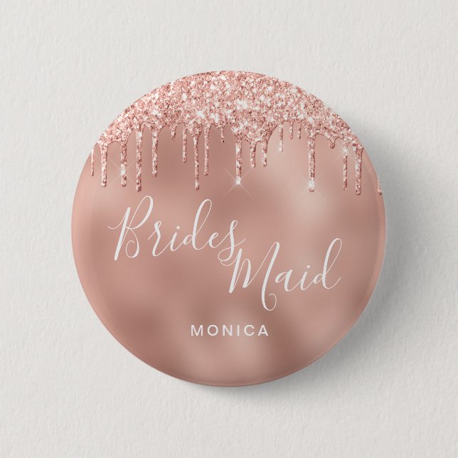 Elegant rose gold glitter drips bridesmaid 2 inch round button (Front)