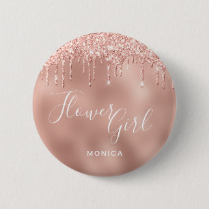 Elegant rose gold glitter drips flower girl 2 inch round button