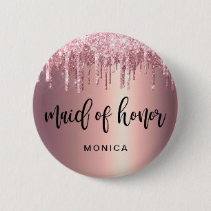 Elegant rose gold glitter drips maid of honor 2 inch round button