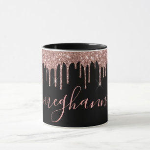 Elegant Rose Gold Glitter Drips Monogram Script  Mug