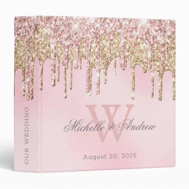 Elegant Rose Gold Glitter Drips Monogram Wedding Binder (Front/Spine)