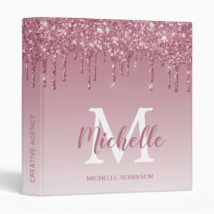Elegant Rose Gold Glitter Drips Monogrammed Office Binder