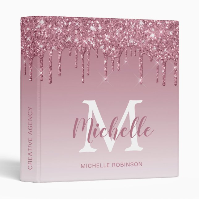 Elegant Rose Gold Glitter Drips Monogrammed Office Binder (Front/Spine)