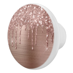 Elegant Rose Gold Glitter Drips on Pink Metal Ceramic Knob