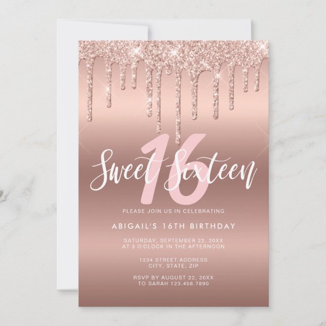 Elegant rose gold glitter drips sweet sixteen invitation (Front)