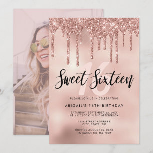 Elegant rose gold glitter drips sweet sixteen invitation