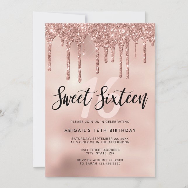 Elegant rose gold glitter drips sweet sixteen invitation (Front)