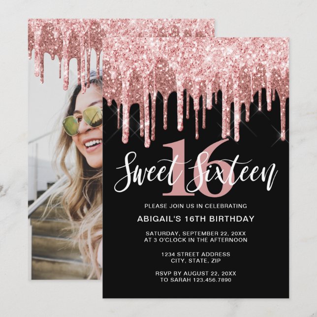 Elegant rose gold glitter drips sweet sixteen  invitation (Front/Back)