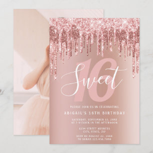 Elegant rose gold glitter drips sweet sixteen invitation