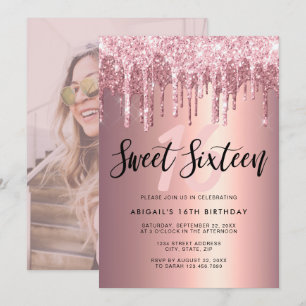 Elegant rose gold glitter drips sweet sixteen invitation