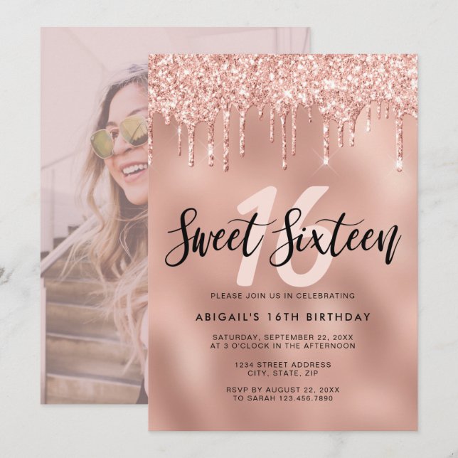 Elegant rose gold glitter drips sweet sixteen invitation (Front/Back)