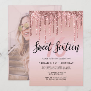 Elegant rose gold glitter drips sweet sixteen invitation