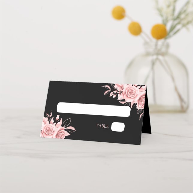 Elegant Rose Gold Glitter Floral Black Place Card (Front)