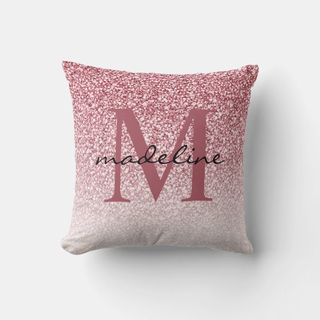 Elegant Rose Gold Glitter Girly Monogram Throw Pillow (Front)