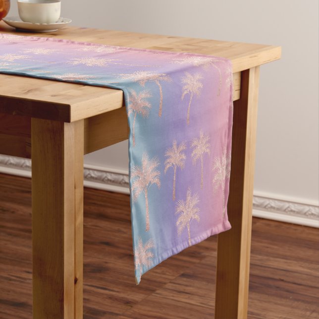Elegant rose gold glitter gradient palm pattern short table runner (In Situ)