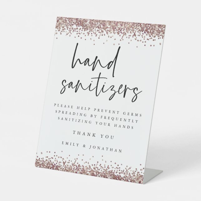 Elegant Rose Gold Glitter Hand Sanitizer Station Pedestal Sign (Front)