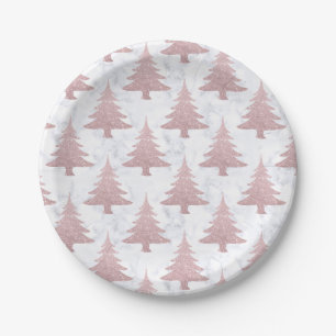 Elegant Rose Gold Glitter &  Marble Christmas Tree Paper Plate