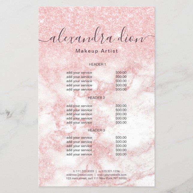 Elegant rose gold glitter marble makeup artist flyer (Front)