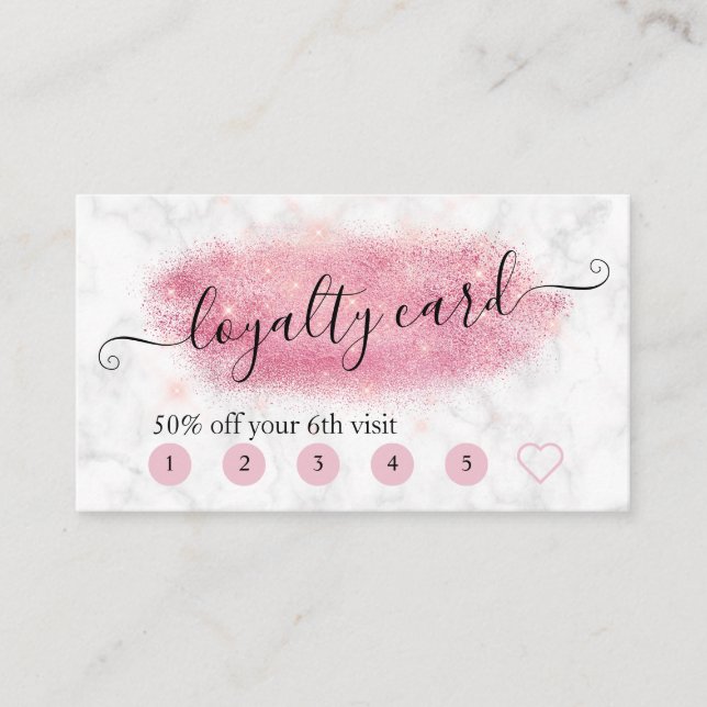 Elegant rose gold glitter marble makeup artist loyalty card (Front)