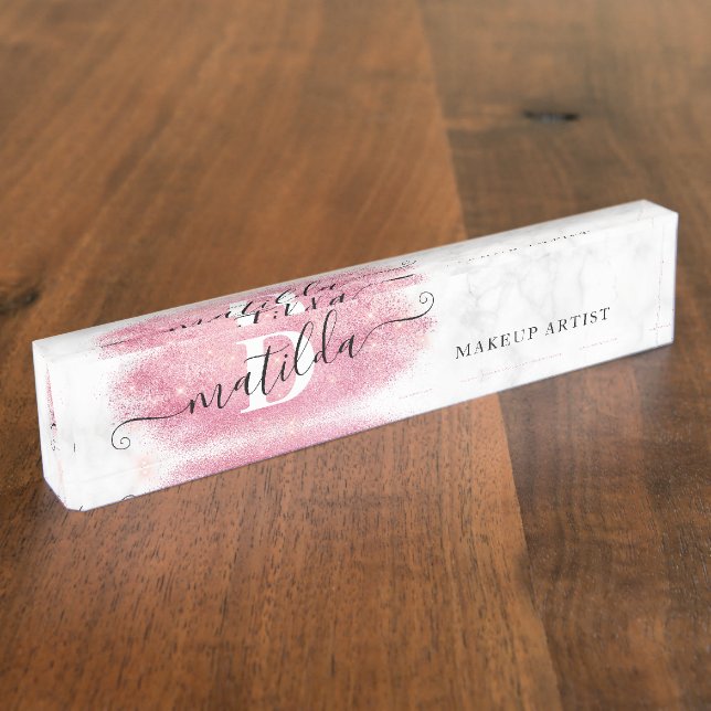 Elegant rose gold glitter marble makeup artist nameplate (Side)
