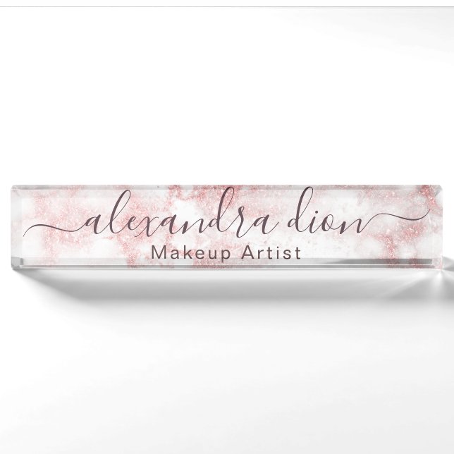 Elegant rose gold glitter marble makeup artist nameplate (Front)