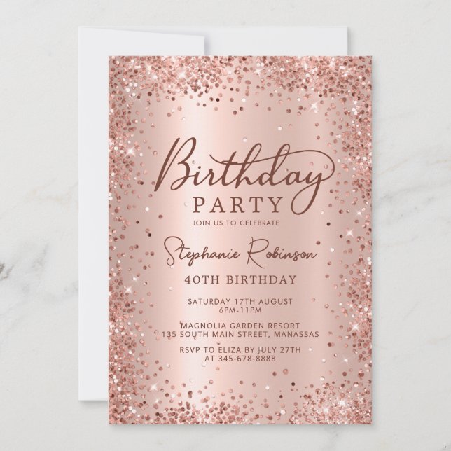 Elegant Rose Gold Glitter Metal 40th Birthday  Invitation (Front)