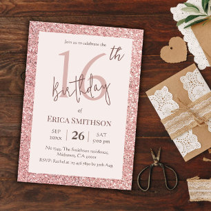 Elegant Rose Gold Glitter modern 16th Birthday  Invitation