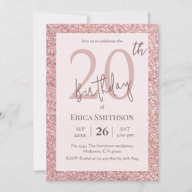 Elegant Rose Gold Glitter modern 20th Birthday Invitation (Front)