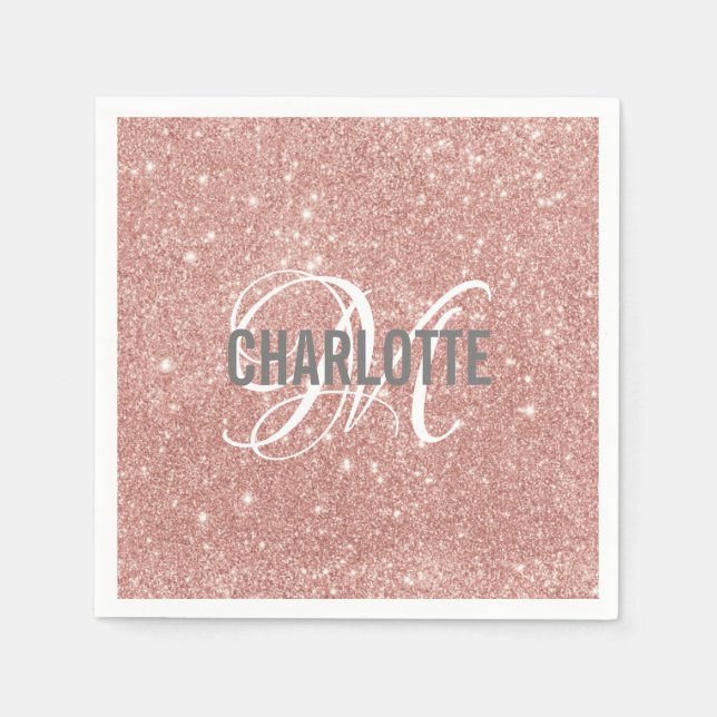 Elegant rose gold glitter monogram name  napkin (Front)