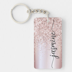 Elegant Rose Gold Glitter Monogram Name Script  Ke Keychain
