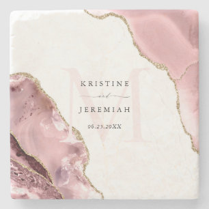 Elegant Rose Gold Glitter Monogram Newlywed Stone  Coaster