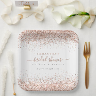 Elegant Rose Gold Glitter Name Date Bridal Shower Paper Plate
