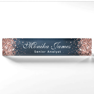 Elegant Rose Gold Glitter Navy Blue Foil  Nameplate