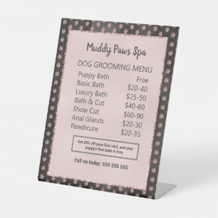 Elegant Rose Gold Glitter Paws Dog Grooming Menu Pedestal Sign