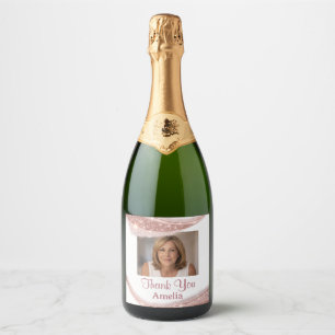 Elegant Rose Gold Glitter Photo Birthday Sparkling Wine Label