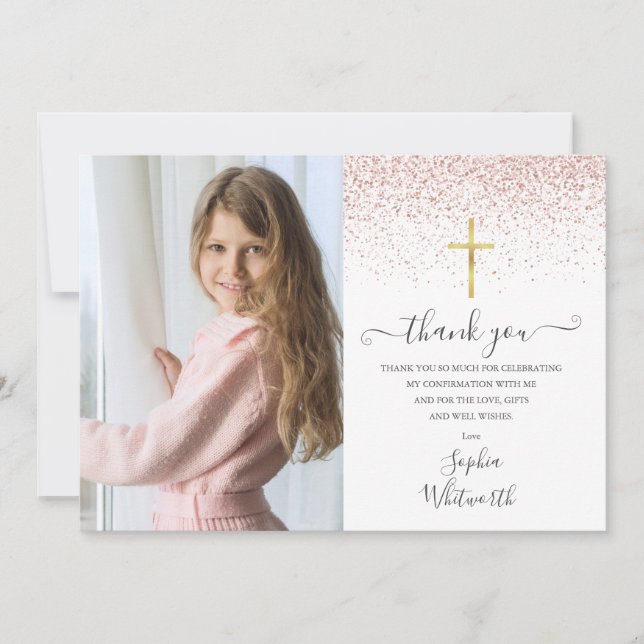 Elegant Rose Gold Glitter Photo Confirmation Thank You Card (Front)