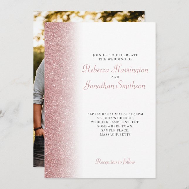 Elegant Rose Gold Glitter Photo Wedding Invitation (Front/Back)